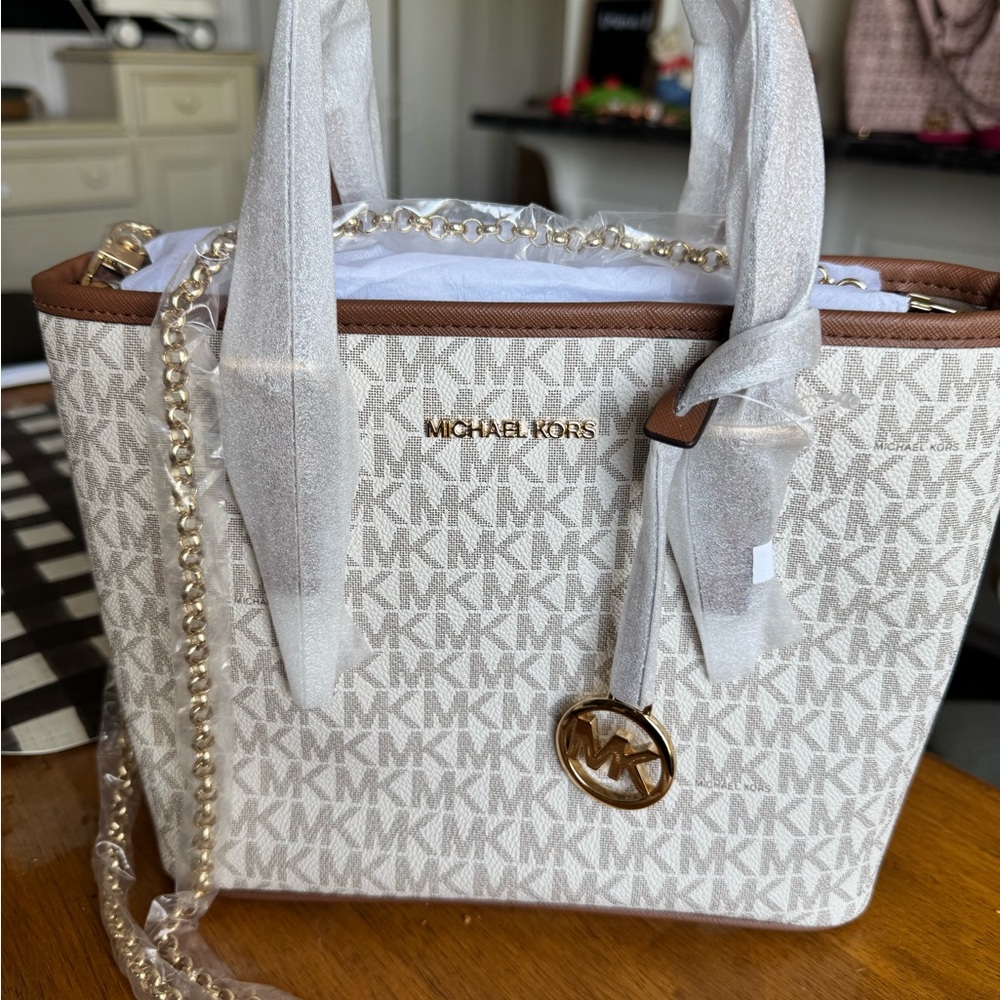 Michael Kors Cream Signature MK Tote with Brown Trim and Gold Hardware